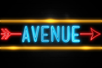 Avenue  - fluorescent Neon Sign on brickwall Front view