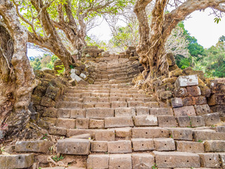 Fototapeta na wymiar Stairway to Vat Phou, a ruined Khmer Hindu temple complex in southern Laos