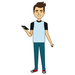 young man with smartphone avatar character vector illustration design