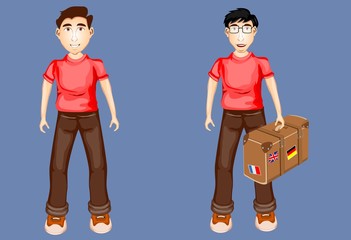 Boys characters in red t shirts holding suitcase