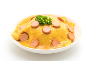 Creamy Omelet with Sausage on Rice