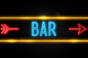 Bar  - fluorescent Neon Sign on brickwall Front view