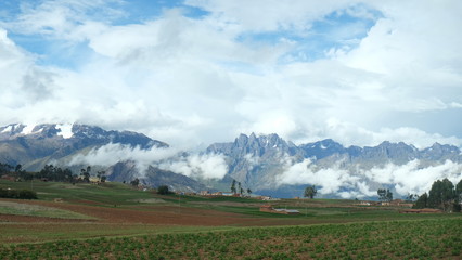 Fototapeta premium Farms and field in the Sacred Valley, a region in Peru's Andean highlands.