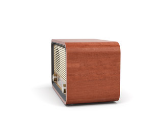 3d rendering of a brown rounded retro style radio receiver with an analogue tuner.