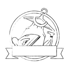 Clean laundry with iron and splash bottle emblem product vector illustration design