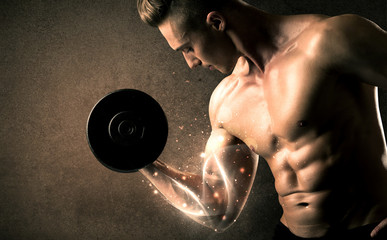 Bodybuilder lifting weight with energetic white lines concept