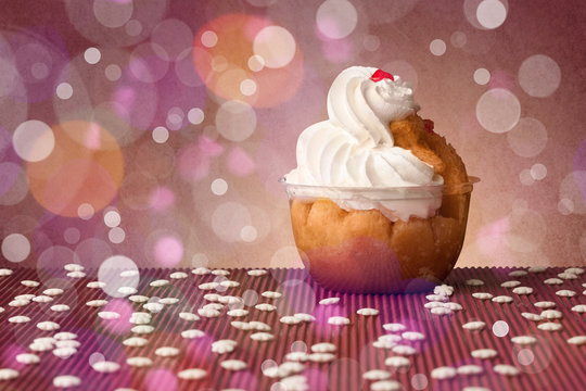 Delicious tasty homemade cakes with bokeh light background