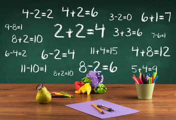 School blackboard with pile of books