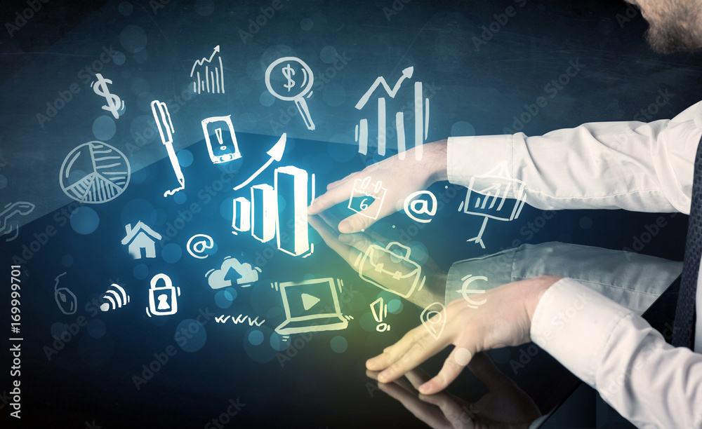 Poster Man touching technology smart table with business icons
