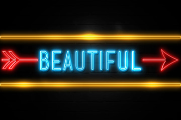 Fototapeta premium Beautiful - fluorescent Neon Sign on brickwall Front view