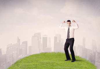 man standing in front of city landscape