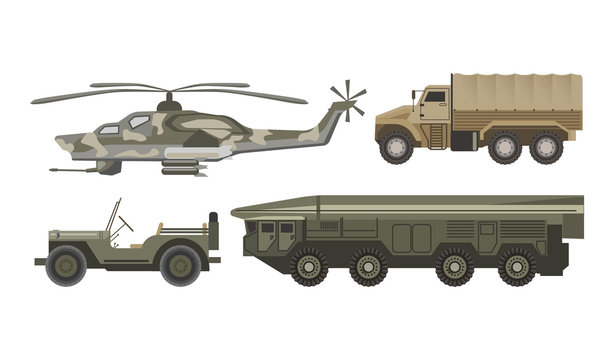 Military transport with armored corpus isolated illustrations set