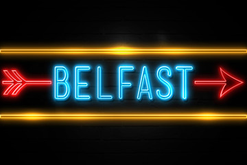 Belfast  - fluorescent Neon Sign on brickwall Front view