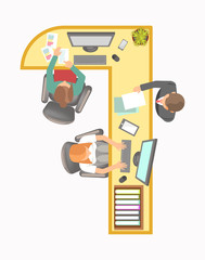 Long angular office table with computers and workers