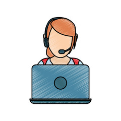 woman with headset and laptop computer icon over white background colorful design vector illustration