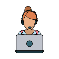 woman with headset and laptop computer icon over white background colorful design vector illustration