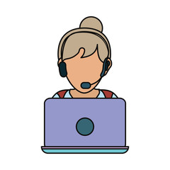 woman with headset and laptop computer icon over white background colorful design vector illustration