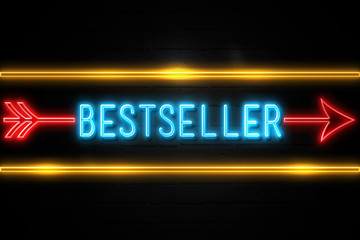 Bestseller  - fluorescent Neon Sign on brickwall Front view