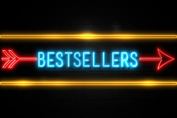 Bestsellers  - fluorescent Neon Sign on brickwall Front view - obrazy, fototapety, plakaty