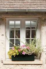 Fototapeta na wymiar Cozy window of old house in Saint Guilhem le Desert village protected by UNESCO, France
