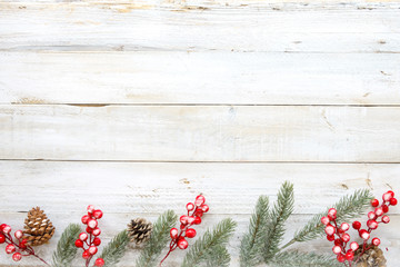 Christmas background - Christmas decorating elements and ornament rustic on white wood table with...