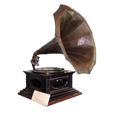 Vintage gramophone isolate on white with clipping path - retro technology.