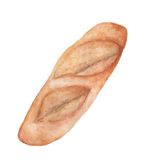 Hand watercolor painting of homemade fresh bread. Isolated on white background. Vintage bakery food illustration