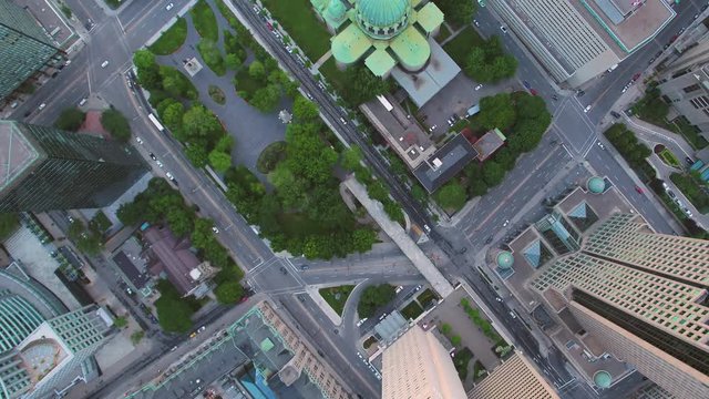Montreal Quebec Aerial v72 Flying low over downtown buildings looking down vertically