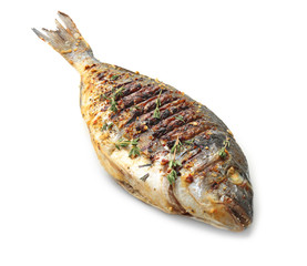 Delicious fried fish on white background