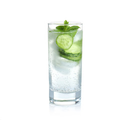 Delicious refreshing water with mint and cucumber in glass on white background