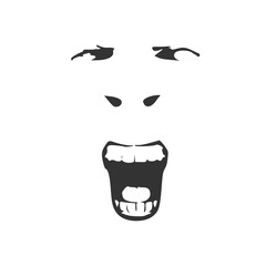Demonic ugly face. Devil scream character. Demon or monster screaming with in an open mouth as a front view horror face.