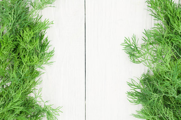 Two row of green fresh raw dill on old wooden white rustic planks