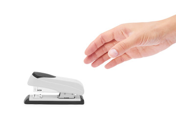 stapler in hand isolated on white background