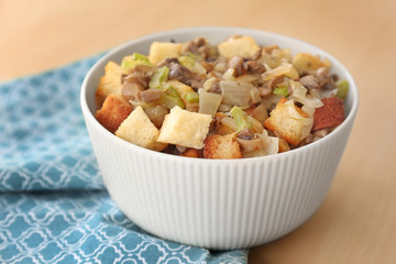 Turkey stuffing in bowl for holiday table