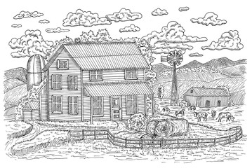 Black and white illustration of old farm, hay stacks and cows feeding on grassland. Hand drawn design illustrations 