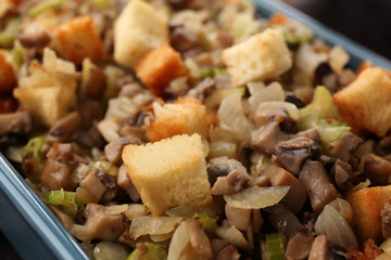 Turkey stuffing in casserole dish for holiday table, closeup
