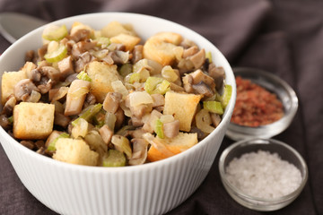 Cooked turkey stuffing on holiday table