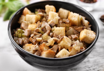 Turkey stuffing in bowl for holiday table