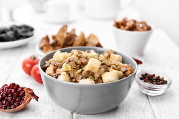 Turkey stuffing in bowl for holiday table