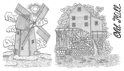 Design black and white set with old mills and lettering. Hand drawn design illustrations 