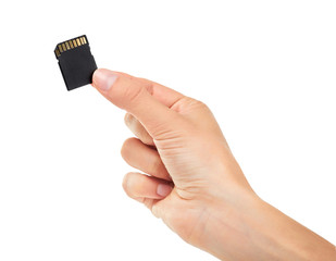 female hand holding sd memory card. Isolated on white background