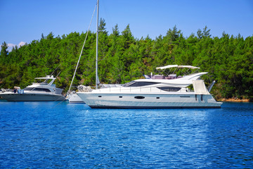 Fototapeta premium Beautiful view with modern boats in tropical resort