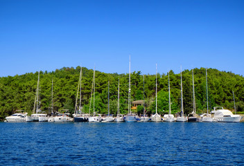 Fototapeta na wymiar Beautiful view with modern boats in tropical resort
