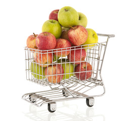 Shopping cart with green and red apples