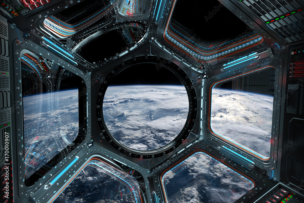 Poster View of planet Earth from a space station window 3D rendering elements of this image furnished by NASA