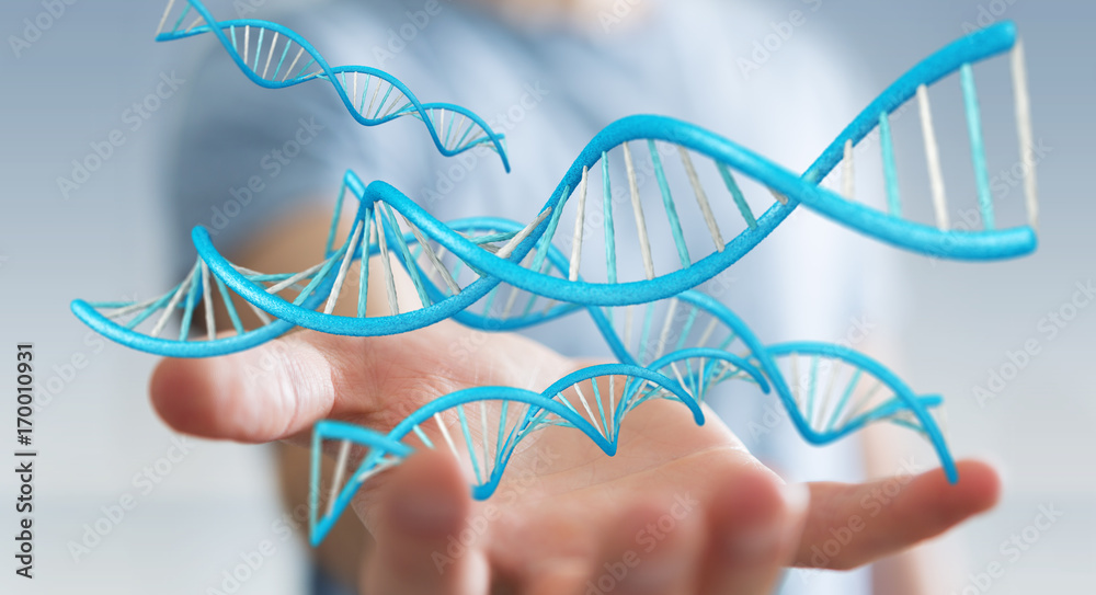 Poster Businessman using modern DNA structure 3D rendering