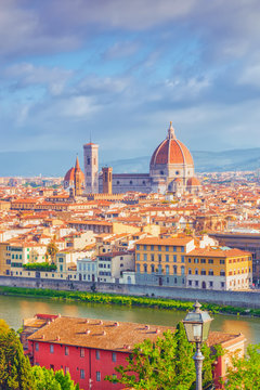 Fototapeta Beautiful landscape above, panorama on historical view of the Florence from  Piazzale Michelangelo point. Morning time.