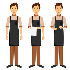 Waiters in apron isolated on white background. Taking order, standing with towel. Vector illustration