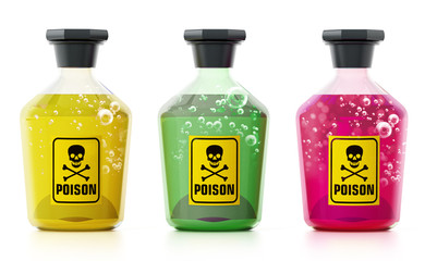 Poison bottles isolated on white background. 3D illustration