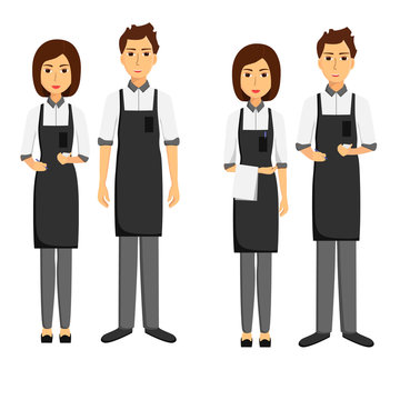 Set of waiters, girls and men written and with towels on their hands. Taking order. Vector flat illustration